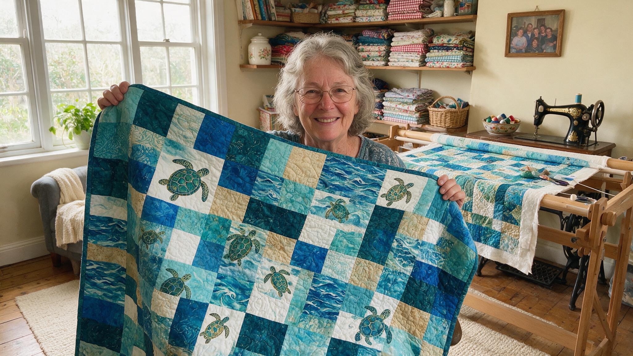 Dorothy Fenwick holding one of her hand-quilted sunflower throws in her sewing room