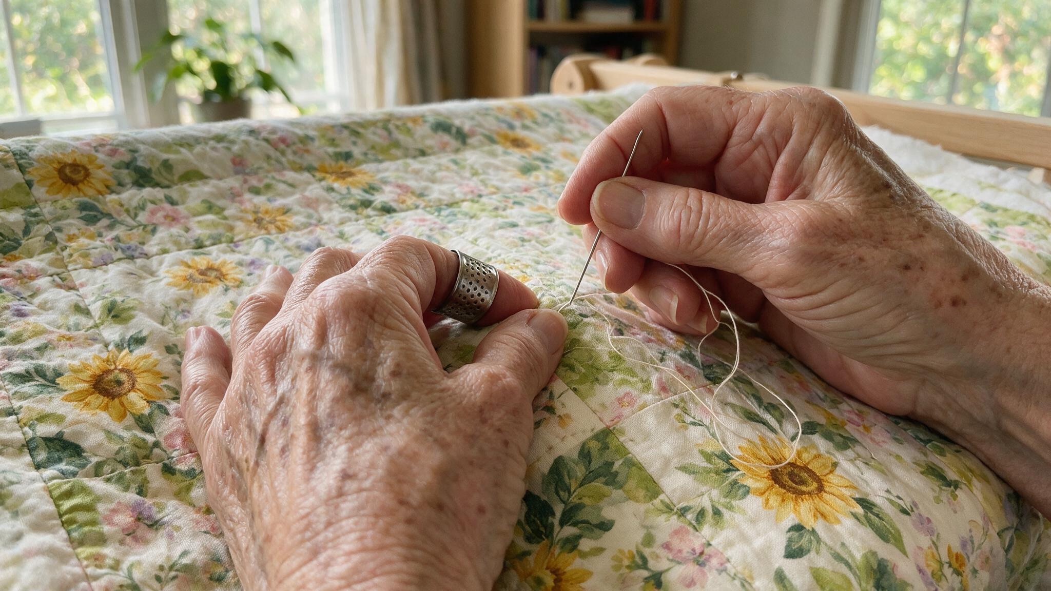 Dot's hands mid-stitch on a hand-quilted sunflower throw