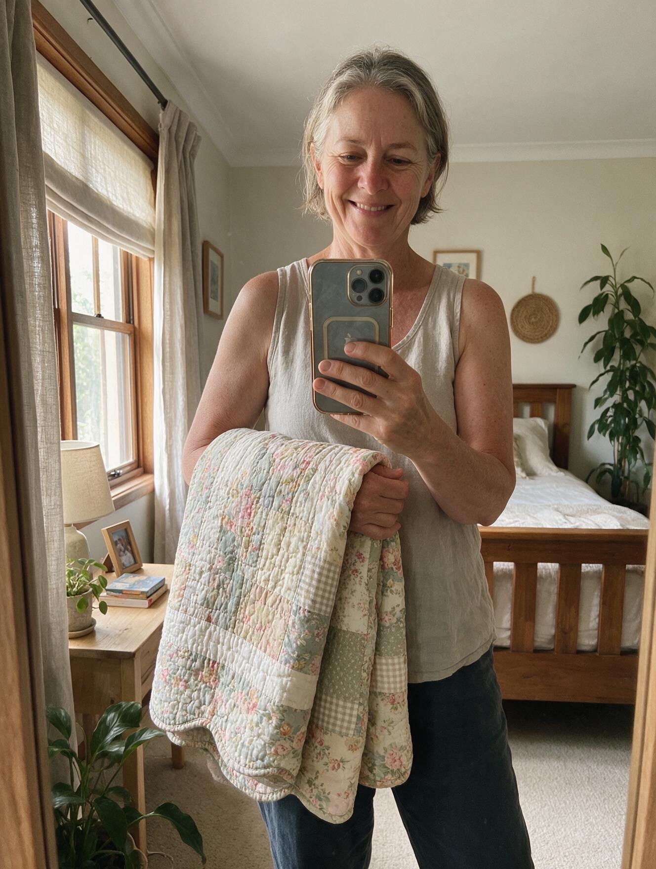 Customer with her hand-quilted throw at home