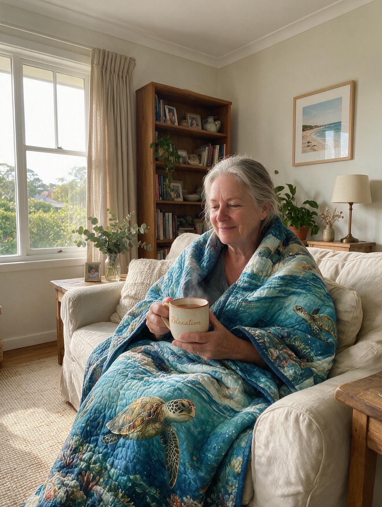 Customer wrapped in a sea-turtle hand-quilted throw with a cup of tea