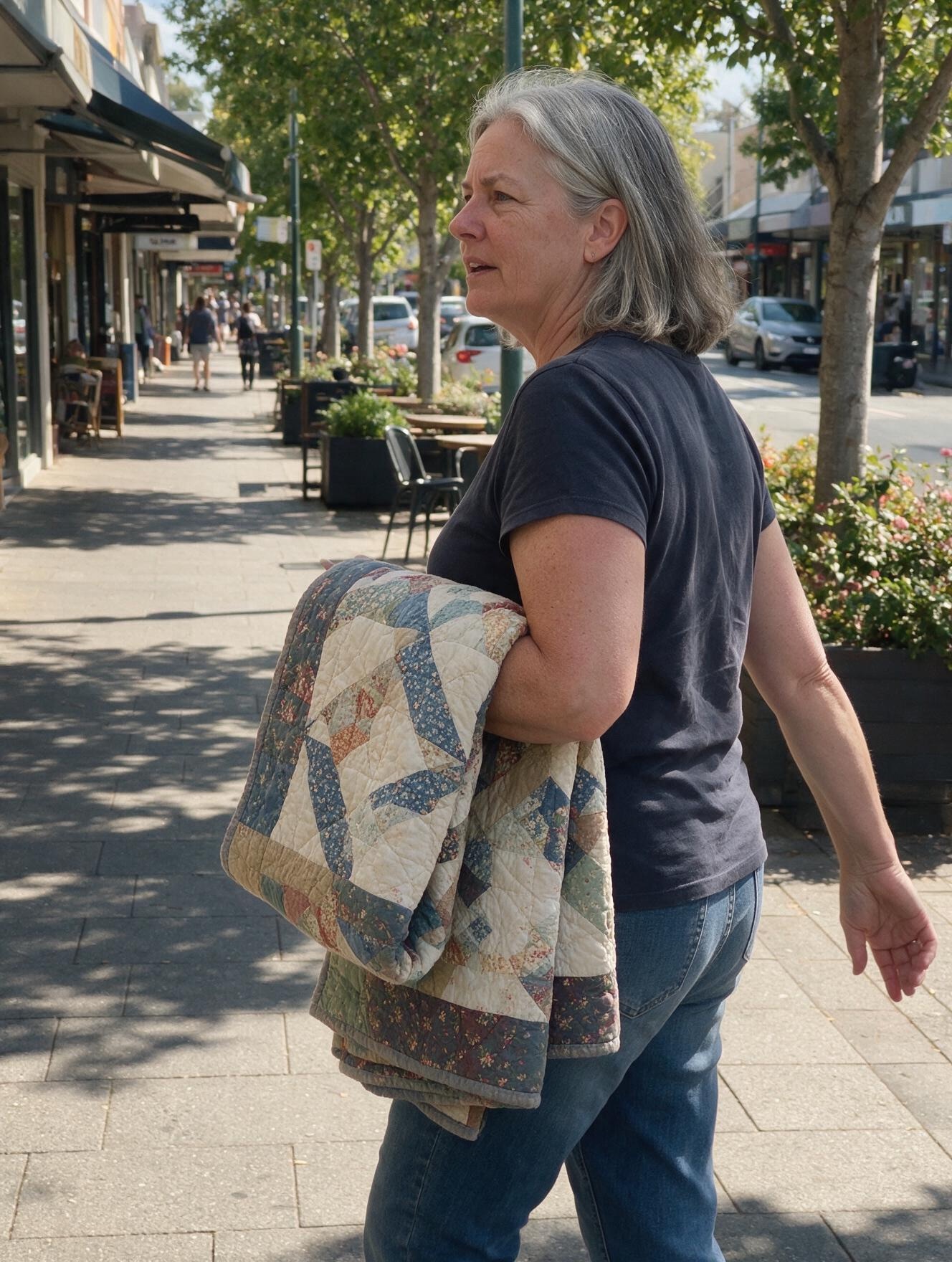 Customer carrying her folded hand-quilted throw