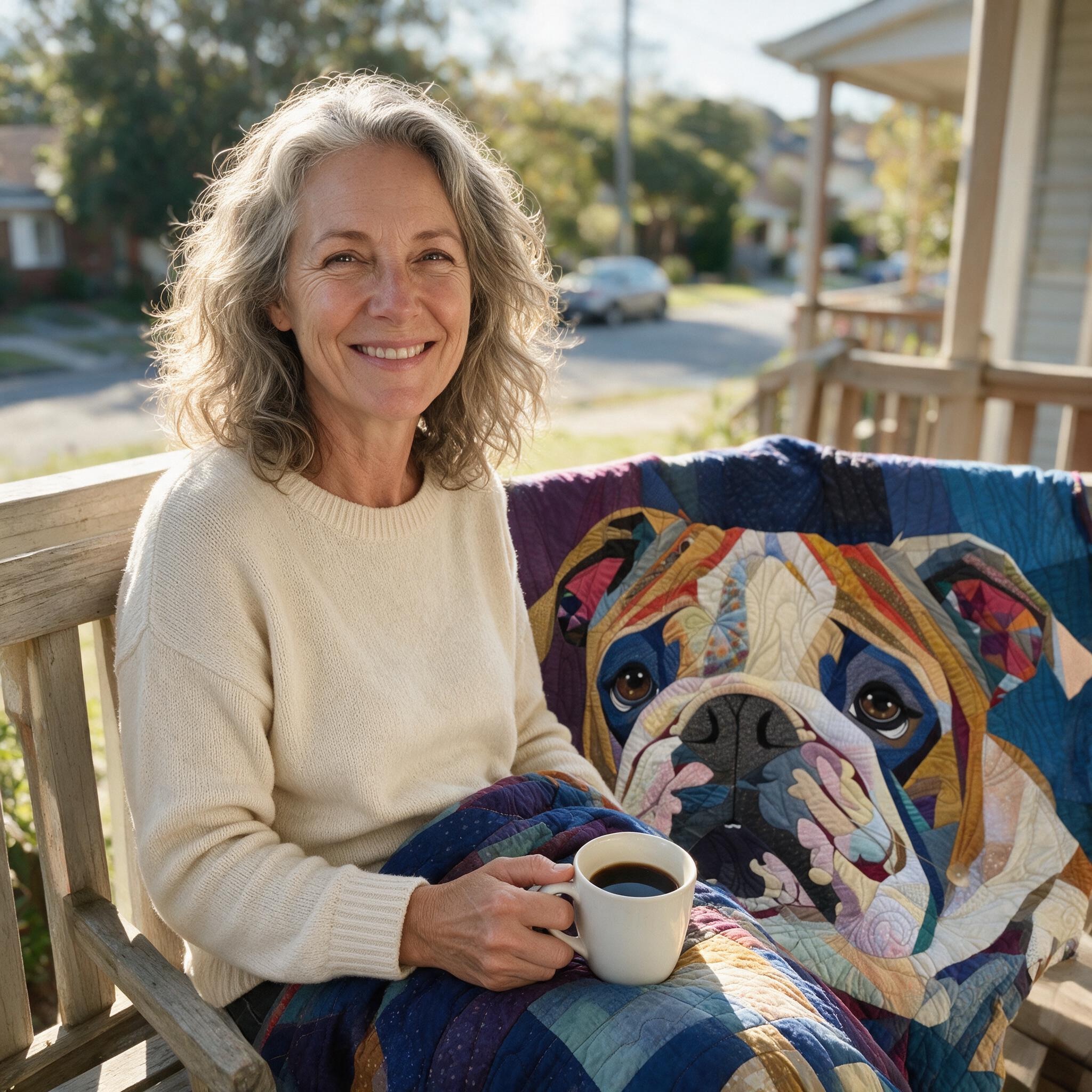 Customer relaxing with her hand-quilted throw and a coffee